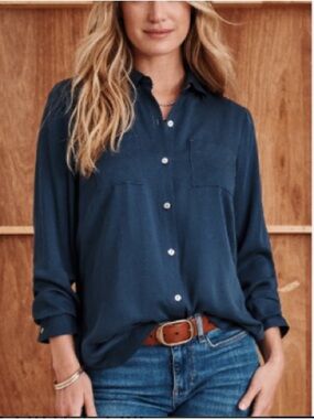 J. Jill Navy Soft-Lux Button-Down 100% Modal Shirt with Chest Pockets